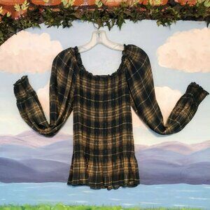 NWT C Est. 1946 Size Small Ruched Blouse Green Tartan Plaid Color